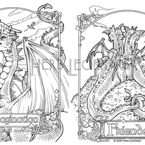 Dragon Imagination/Friends Coloring pages, Herb Leonhard-2 Adult Coloring Pages, Digital pages, Instant PDF Download, Printable Color image 1