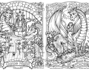 Dragon Game Night featuring Dragons & Dungeons...and Dragons! Adult Coloring Page, Digital Coloring page, Instant PDF Download