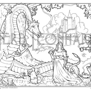 Dragon Tea Party, Herb Leonhard Adult Coloring Page, Fantasy Nouveau Coloring Book page, Digital Coloring page, Instant PDF Download