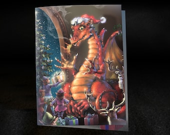 DRAGON CHRISTMAS CARD Dragon Presents, Set of 6 cards with Envelopes, graphic interior, Fantasy cards