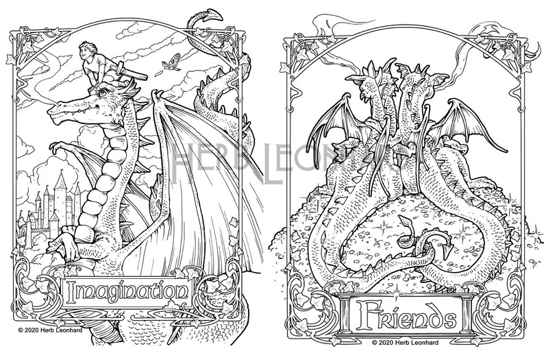 Dragon Imagination/Friends Coloring pages, Herb Leonhard-2 Adult Coloring Pages, Digital pages, Instant PDF Download, Printable Color image 1