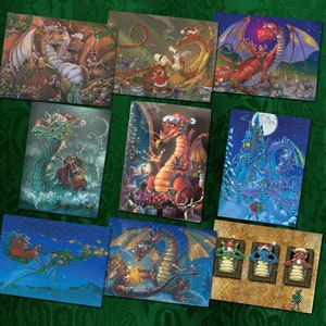 DRAGON CHRISTMAS CARDS Assortment, Set of 9 cards with Envelopes, graphic interiors, Fantasy cards image 1