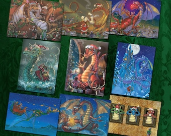 DRAGON CHRISTMAS CARDS Assortment, Set of 9 cards with Envelopes, graphic interiors, Fantasy cards
