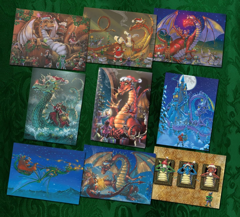 DRAGON CHRISTMAS CARDS Assortment, Set of 9 cards with Envelopes, graphic interiors, Fantasy cards image 1