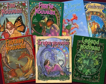 Seven Fairy and Fantasy coloring books in the Art Nouveau style, Set of seven, Fantasy coloring books by Herb Leonhard