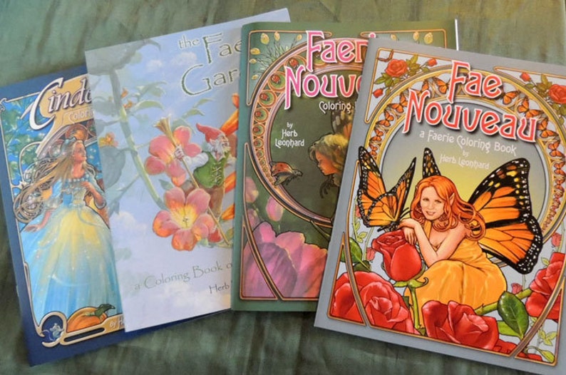 Four Fairy coloring books by Herb LeonhardFairy and Fantasy coloring books in the Art Nouveau style, Set of four image 1