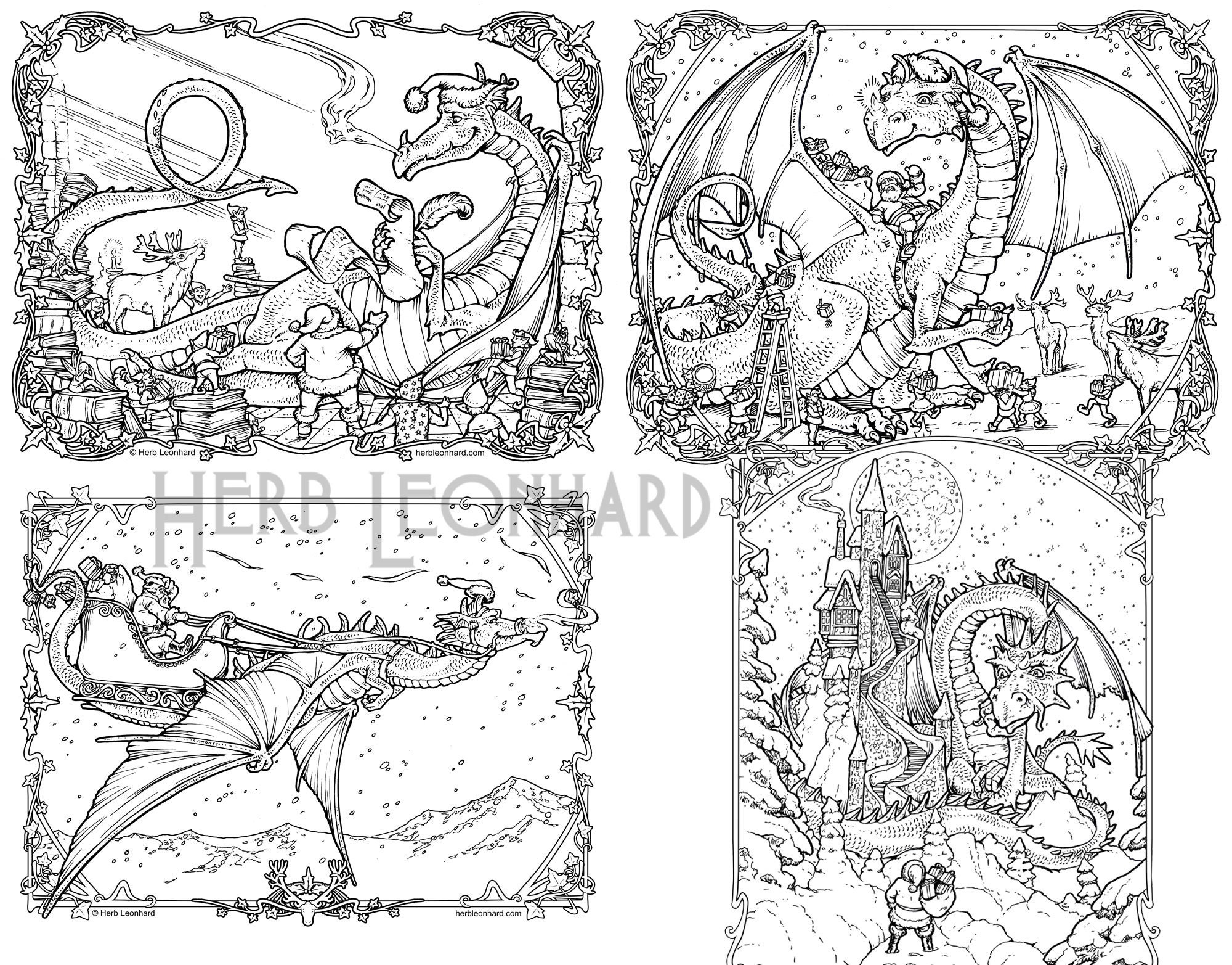 4 Holiday Dragon Coloring Pages Pack, Herb Leonhard, Adult Coloring, Digital Coloring pages, Printable Color
