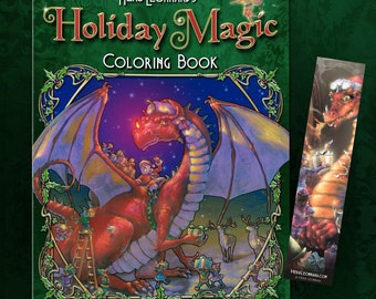 Puede incluir: Un libro para colorear con un dragón rojo con la nariz brillando, llevando a Santa Claus y a los elfos. El libro se titula "Herb Leonard's Holiday Magic Coloring Book".