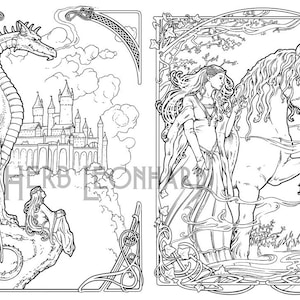 Dragon Cliff / Unicorn Princess, Herb Leonhard Adult Coloring Page, Fantasy Nouveau Coloring Book page, Digital Coloring page, PDF Download