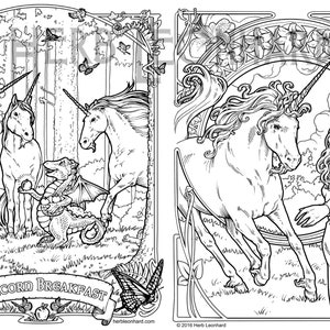 Unicorn Breakfast / Unicorn Maiden Coloring page, Herb Leonhard-2 Adult Coloring Pages, Digital Coloring pages, PDF Download