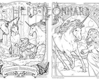 Unicorn Breakfast / Unicorn Maiden Coloring page, Herb Leonhard-2 Adult Coloring Pages, Digital Coloring pages, PDF Download