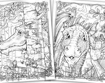 Dragon Coloring Pair, Mushroom Tree / Fairy Gossip, 2 volwassen kleurplaten, digitale kleurpagina's, Instant PDF downloaden