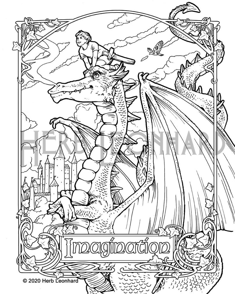 Dragon Imagination/Friends Coloring pages, Herb Leonhard-2 Adult Coloring Pages, Digital pages, Instant PDF Download, Printable Color image 2