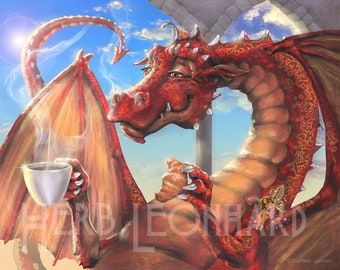 Coffee Dragon, 8"x10" Fine Art PRINT, Dragon with coffee, 8"x10", Gifts for her, Gifts for him