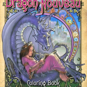 May include: A colouring book cover featuring a purple dragon curled around a young girl reading a book. The dragon has a light blue underbelly and a light blue and purple tail. The girl is wearing a pink dress and a crown. The background is a light blue sky with a white castle in the distance. The title of the book is "Dragon Nouveau" by Herb Leonard's.