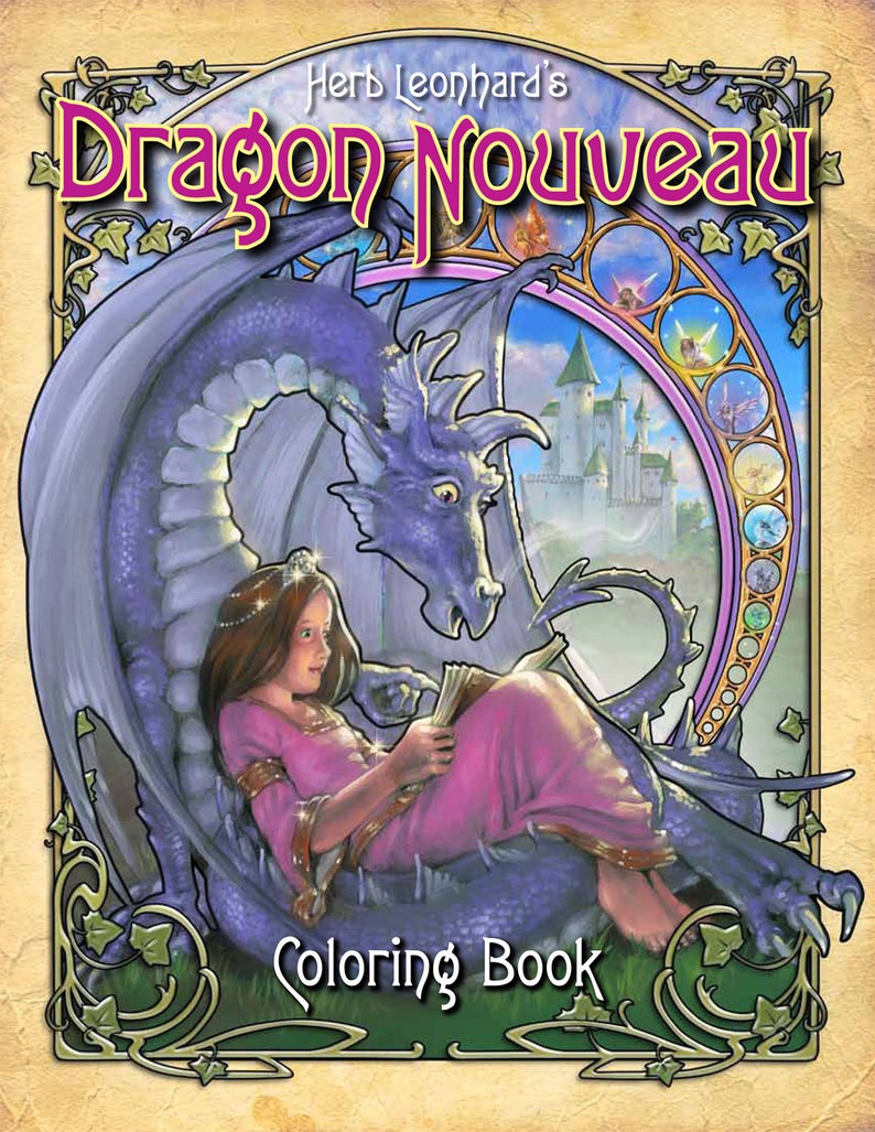 May include: A colouring book cover featuring a purple dragon curled around a young girl reading a book. The dragon has a light blue underbelly and a light blue and purple tail. The girl is wearing a pink dress and a crown. The background is a light blue sky with a white castle in the distance. The title of the book is "Dragon Nouveau" by Herb Leonard's.