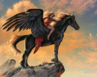 Winged Sunset, 8"x10" Fine Art PRINT, Black Pegasus, 8"x10", Gifts for her, Gifts for kids, Gifts for him