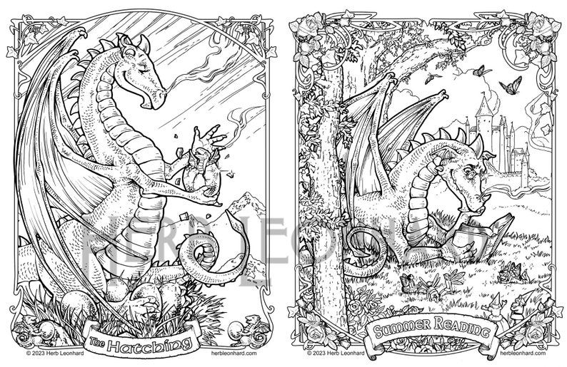 Dragon Hatching / Summer Reading Coloring page, Herb Leonhard-2 Adult Coloring Pages, Digital Coloring pages, PDF Download image 1