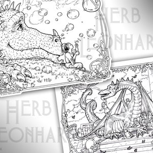 May include: Two black and white coloring pages featuring dragons. The first page shows a dragon blowing bubbles with a child. The second page shows a dragon with children playing on its back.