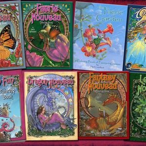 May include: A collection of ten colouring books featuring whimsical illustrations of fairies, dragons, and other fantasy creatures. The covers are a mix of vibrant colours, including red, green, blue, and purple. The books are titled "Fae Nouveau", "Faerie Nouveau", "The Faerie Garden", "Cinderella", "Dragon Fun", "Dragon Nouveau", "Fantasy Nouveau", and "Legend Nouveau".
