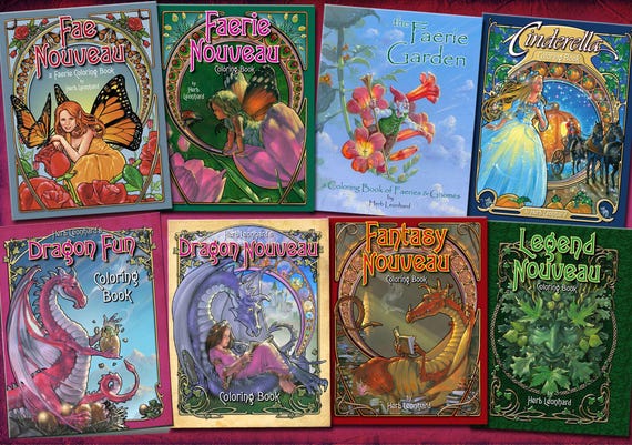 8 Fairy and Fantasy coloring books in the Art Nouveau style, Set of eight, Fantasy coloring books by Herb Leonhard