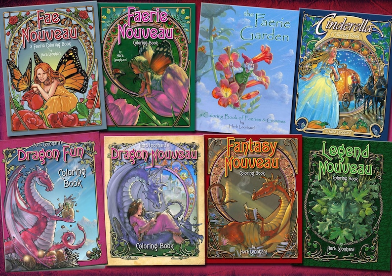 May include: A collection of ten colouring books featuring whimsical illustrations of fairies, dragons, and other fantasy creatures. The covers are a mix of vibrant colours, including red, green, blue, and purple. The books are titled "Fae Nouveau", "Faerie Nouveau", "The Faerie Garden", "Cinderella", "Dragon Fun", "Dragon Nouveau", "Fantasy Nouveau", and "Legend Nouveau".
