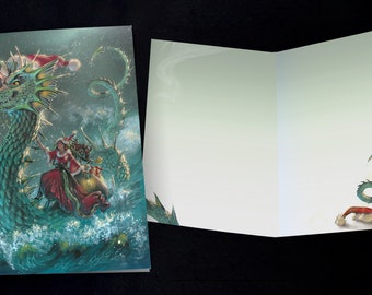 CHRISTMAS CARD Mistress Santa of the Seven Seas, set of 6 cards with Envelopes, graphic inside, Fantasy Dragon Christmas