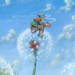 Gnome resting on a Dandelion, Dandelion Gnome 8&quot;x10&quot; fine art PRINT, Gifts for children, Gifts for Her,