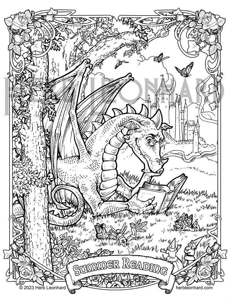 Dragon Hatching / Summer Reading Coloring page, Herb Leonhard-2 Adult Coloring Pages, Digital Coloring pages, PDF Download image 3