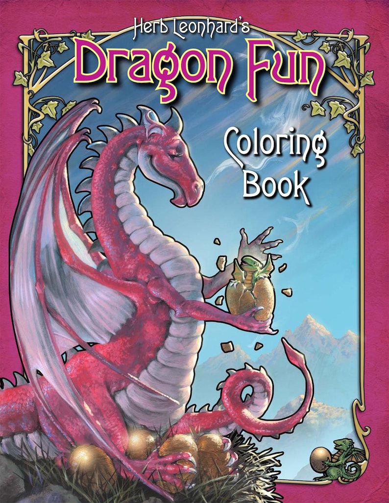 May include: A red dragon with a pink underbelly and white wings is holding a small green dragon in its claws. The dragon is sitting on a nest of golden eggs. The text "Dragon Fun Coloring Book" is at the top of the image.