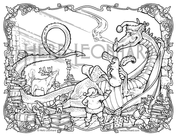4 Holiday Dragon Coloring Pages Pack, Herb Leonhard, Adult Coloring, Digital Coloring pages, Printable Color