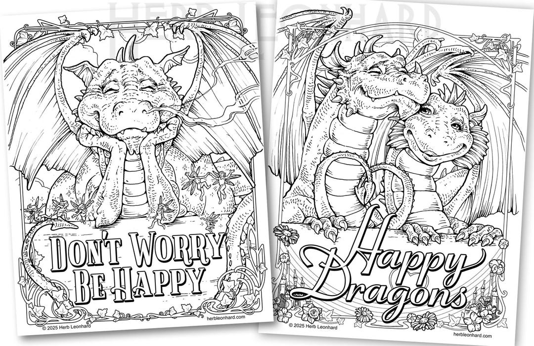 Happy Dragon Pair, 2 Adult Coloring Pages, Digital Coloring Pages