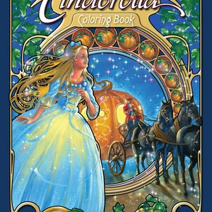 May include: A colouring book cover featuring Cinderella in a blue gown with a pumpkin carriage and horses. The title is "Cinderella Colouring Book" with the text "By Herb Leonard" at the bottom.