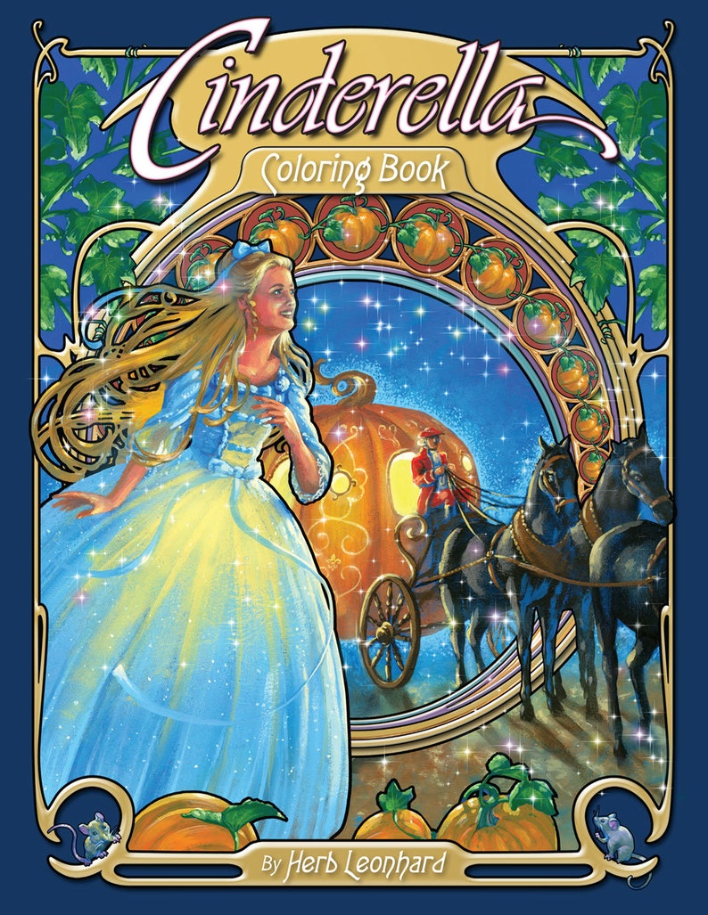 May include: A colouring book cover featuring Cinderella in a blue gown with a pumpkin carriage and horses. The title is "Cinderella Colouring Book" with the text "By Herb Leonard" at the bottom.