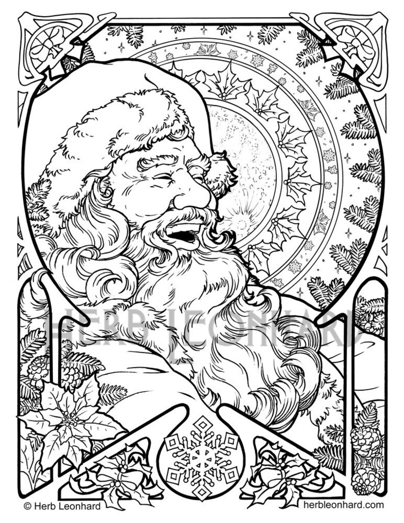 Download 2 Holiday Art Nouveau Coloring Pages Santa / Noel Herb | Etsy