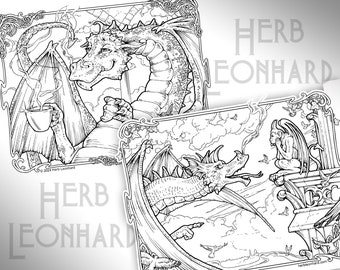 Coffee Dragon / Gargoyle Dragon Pair, 2 Adult Coloring Pages, Digital Coloring pages, Instant PDF Download