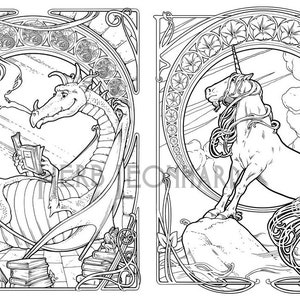 Reading Dragon/Morning Unicorn, Fantasy Nouveau Coloring Book page, Digital Coloring page, Instant PDF Download, Printable Coloring