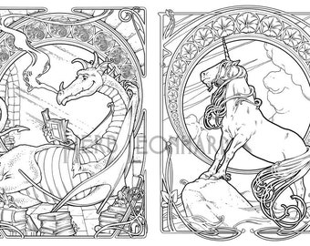 Reading Dragon/Morning Unicorn, Fantasy Nouveau Coloring Book page, Digital Coloring page, Instant PDF Download, Printable Coloring