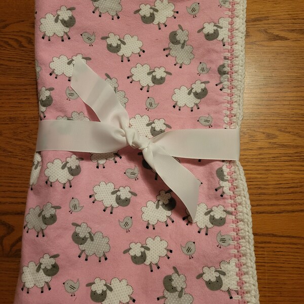 Flannel Baby Blanket with Sheep Print & Crocheted Edges