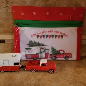Small Zippered Bag with Vintage Shasta Trailer & Classic Truck Christmas Print