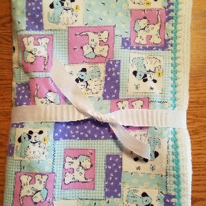Flannel Baby Blanket with Dog Print & Crocheted Edges