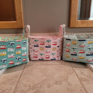 Quilted Fabric Storage Bin/Basket with Vintage Trailer Print