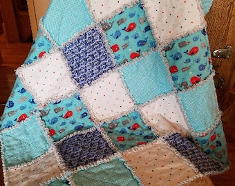 Flannel Rag Squares Baby Quilt With Whales Print