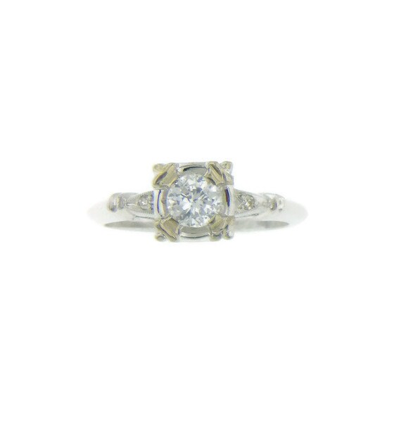 Estate Vintage Engagement Ring Floating Diamond Center Design With a Sparkly and White .40 Carat Center Diamond 14 Kt White Gold US Size 5.5