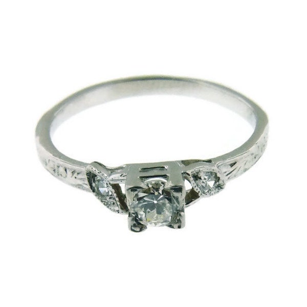 14kt White Gold Engagement Ring Floral Art Deco Styled Desgin, Stunning White and Very Clean .18 Carat SI Diamond US Size 5.5 - 5.75