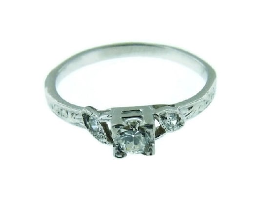 Thin Platinum Engagement Ring With a Floral Art Deco Styled Desgin, Stunning White and Very Clean .18 Carat SI Diamond US Size 5.5 - 5.75