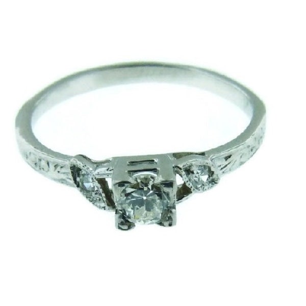 Thin Platinum Engagement Ring With a Floral Art Deco Styled Desgin, Stunning White and Very Clean .18 Carat SI Diamond US Size 5.5 - 5.75