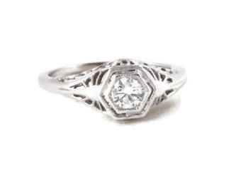 Filigree Engagement Ring Art Deco Hexagon Styled 14 kt White Gold Very Nice .29 Ct. Solitaire Diamond US Size 5.75 - 6