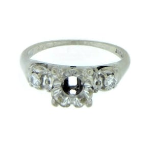 Estate Diamond 3 mm Semi Mount 14 kt White Gold Engagement Ring Features 2 Side Diamonds In a Classic Floral Mounting  US Size 6.25