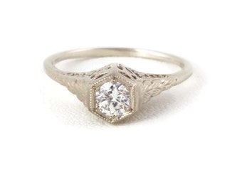 Art Deco Engagement Ring Filigree Styled 14 kt White Gold  .30 Ct. Solitaire Diamond US Size 6 - 6.25